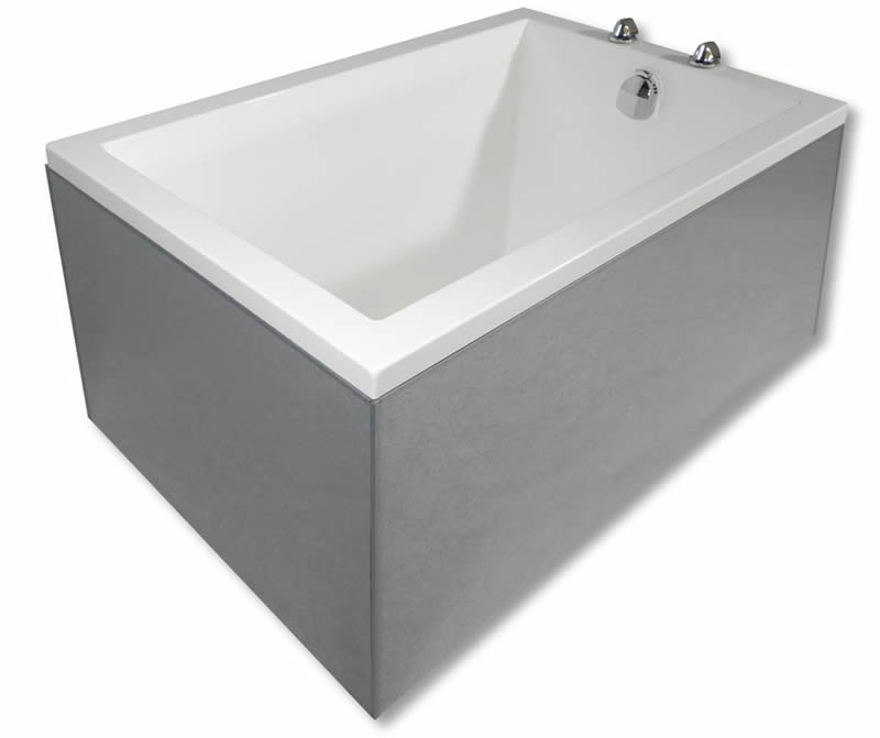 A Calyx deep soaking tub with a front/left panel of a different colour to the bath.